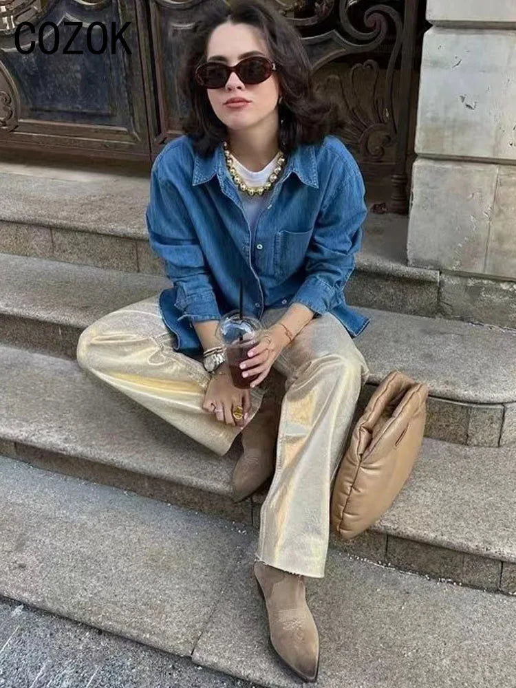 denim metalizzati gamba larga