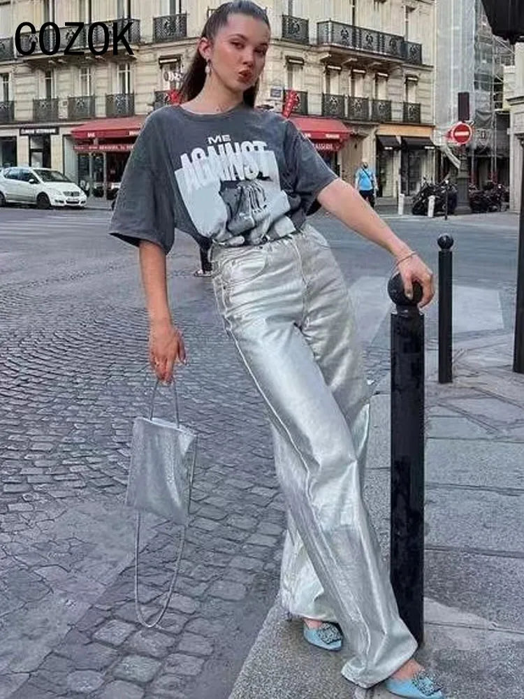 denim metalizzati gamba larga